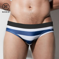 Noxx Swim Briefs: กางเกงว่ายน้ำชาย ทรงบรีฟ แถบสีน้ำเงินขาว เอวสีดำ