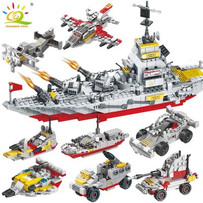 HUIQIBAO Military 910pcs 8 IN 1 Army Ocean Cruiser Warship Building Blocks Aircraft Weapon Ship Bricks City Toys for Children
