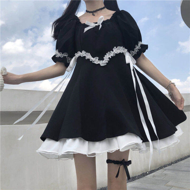 2021-new-kawaii-style-women-princess-dress-black-mini-dresses-high-waist-gothic-dress-puff-sleeve-lace-ruffles-party-dresses