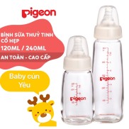 Bình sữa thủy tinh Pigeon 120ml 240ml cổ hẹp với núm vú silicone siêu mềm