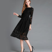 High Quality Elegant hollow out lace dress women long sleeve autumn style midi-calf white lace dress Spring party dress vestidos