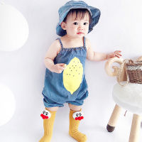 Humor Bear Baby Clothes Set Summer New Sling Denim Cartoon Printed Romper + Hat 2PCS Cute Infant Clothes