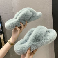 2020 Winter Women Slippers Faux Fur Fully Wrapped Sole Vamp Furry Slippers Black Female Warm Flats Large Size Slides Cozy Home