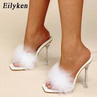 Eilyken รองเท้าแตะ Sepatu PVC ใหม่2023สำหรับผู้หญิงขนส้นสูงโปร่งแสงขนสัตว์รองเท้าส้นเตี้ยนิ้วเท้าเหลี่ยมสไลด์สำหรับผู้หญิง