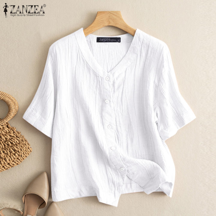 สินค้ามาใหม่-จัดส่งฟรี-fancystyle-zanzea-เสื้อยืดเสื้อจับจีบคอวีหลวมสำหรับผู้หญิงกระดุมวินเทจเสื้อเบล้าส์แบบลำลองเรียบ-2