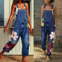 ดอกไม้พิมพ์หลวม Danim Overalls สำหรับผู้หญิง2021ฤดูร้อน Blue Denim Overalls Jumpsuit Rompers Femme เก้ากางเกงกางเกงหญิง Pants