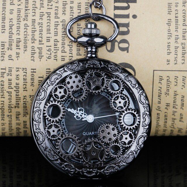 Black Quartz Pocket Watch Cool Style Gear Hollow Design Necklace