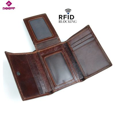 （Layor wallet）  DOLOVE รูปแบบใหม่ RFID ปิดกั้นผู้ชายกระเป๋าสตางค์วินเทจหนังวัวแท้พับกระเป๋าผู้ถือบัตร RFID กระเป๋าสตางค์ป้องกันสำหรับ