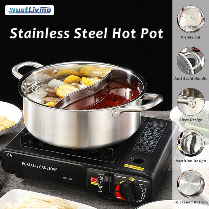 Hot Pot Gas Stove Dual Purpose Divider with Glass Lid 304 Stainless Steel  32cm