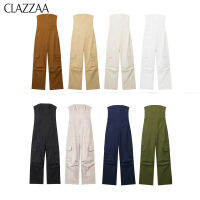 ♧ CLAZZAA จั๊มสูทคาร์โก้เปิดไหล่หลายสีแฟชั่นสำหรับผู้หญิงไม่มีสายคาดคอปาดแขนกุดมีกระเป๋าแนวชิคสำหรับผู้หญิงชุด Y2K ลำลอง