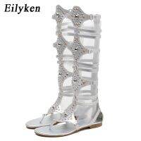 Eilyken 2023 New Golden Gladiator Roman Women Boots Sandals PU Leather Open Toe Knee High Rivet Leisure Flat Shoes