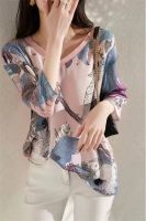 Pink printed silk short sleeve T-shirt Womens 2022 Summer Korean version loose V-neck fashion sleeves with seven points