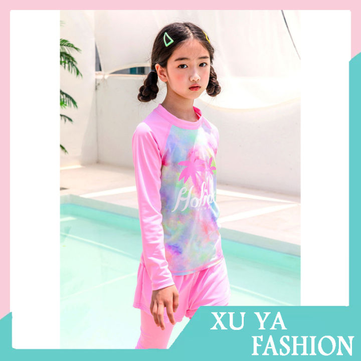 2pcs-girls-swimsuit-long-sleeved-split-fake-two-piece-swimwear-round-neck-tops-trousers-high-elastic-swimsuit-sunscreen-wear