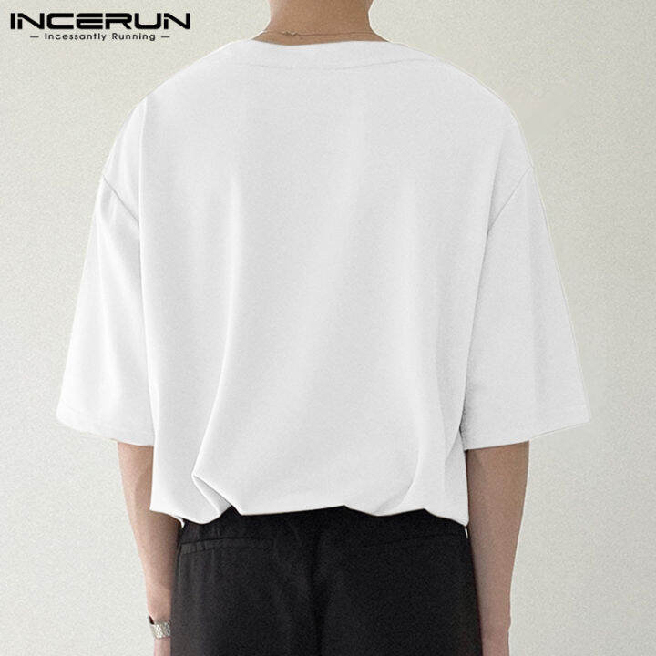 incerun-เสื้อคอวีสำหรับผู้ชายเสื้อยืดใส่ลำลองชุดชายหาดทางการเสื้อกีฬายิม-สไตล์เกาหลี