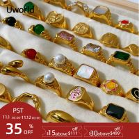 [Zhongxi ornaments ] Uworld 18K Gold PVD Plated 316L แหวนสแตนเลส Finger Chunky งานแต่งงานเครื่องประดับ Shell Freshwater Pearl Zircon แหวน