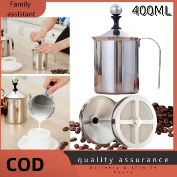 400ML Manual Milk Frother Stainless Steel Double Mesh Milk Creamer Milk  Mesh Coffee Foamer Creamer (Silver)