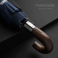 Parachase ร่มพับไม้อัตโนมัติสำหรับผู้ชาย,ร่มทำจากไม้กันลมป้องกันแสง UV 10ลูก