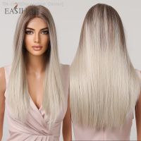 EASIHAIR Long Straight Ombre Platinum Blonde Lace Synthetic Wigs with T Part Lace Hair Wig for Women Daily Party Heat Resistant [ Hot sell ] Decoration Center