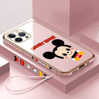 Volans เคสสำหรับ Apple iPhone 15 Plus 15 Pro Max เคสชุบเคสโทรศัพท์นิ่มลายการ์ตูนน่ารักมิกกี้เมาส์ขอบสี่เหลี่ยมฟรีสายคล้องหรูหรา