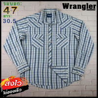 Wrangler®แท้ อก 47 เสื้อเชิ้ตผู้ชาย แรงเลอร์ สีน้ำเงิน เสื้อแขนยาว เนื้อผ้าดี ใส่เที่ยวใส่ทำงาน