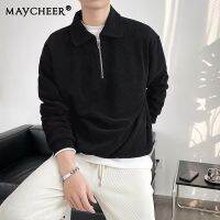 MAYCHEER ชุดเสื้อกันหนาวแบบเรียบง่ายมีปกรูดซิปขึ้นเสื้อกันหนาวผู้ชายสีไวน์แดงผู้ชายเสื้อกันหนาวหนา