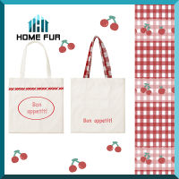 Home Fur กระเป๋าถือผ้าแคนวาส สายกระเป๋าลายสก็อตแดง กระเป๋าคล้องแขน ขนาดเล็ก canvas bag