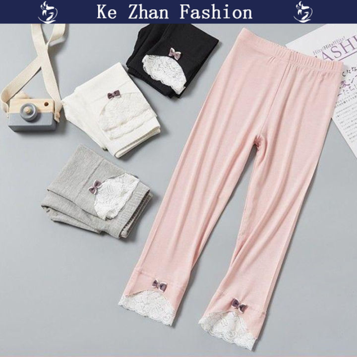 เลกกิ้งเด็กผู้หญิงทารกแบบแฟชั่น-ke-zhan-สำหรับเด็ก2-8ปี-กางเกงลำลองสีทึบรัดรูปยืดลูกไม้สำหรับฤดูร้อน