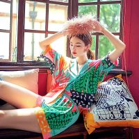 New Women Pajama Set Hand Drawn Art Tropical Plants Pyjama Set Silk Like Nightwear Shorts Home Wear Clothes Sleepwear Homewear