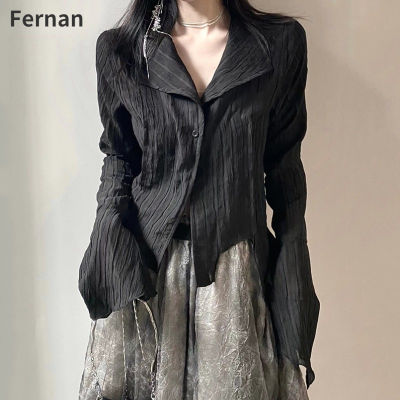 Feiernan Y2k Pleated Button Up Blouse Black Shirts for Women Korean Dark Academia Tight Long Sleeve Top Mujer Vintage Female