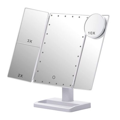 Trifold Makeup Mirror with 22 LED Lights,10X/3X/2X Magnification Portable Fold Lighted Table Desk Cosmetic Mirror