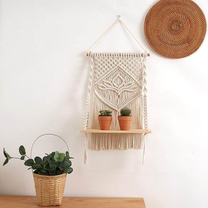 macrame-ชั้นแขวนผนังสำหรับตกแต่งไม้ลอยชั้นทอด้วยมือสไตล์โบฮีเมียนสีขาวชั้นวางติดผนังแนวชนบท