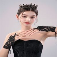 ♗❈ Wedding Dress Hook Finger Short Lace Embroidered Lace Strap Black Gloves