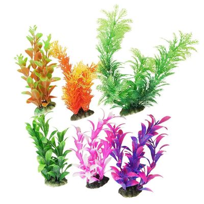 6 Pcs Assorted Color Aquarium Plastic Plants Decoration w Ceramic Base