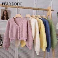 PEAR DODO เสื้อกันหนาวไหมพรมแขนยาวถักสั้นเกาหลีสำหรับผู้หญิง