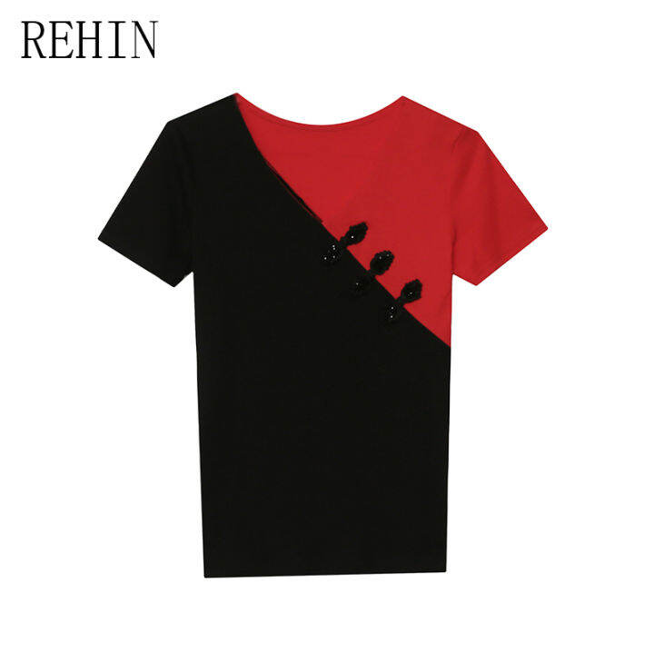 rehin-เสื้อผู้หญิงมาใหม่เสื้อยืดแขนสั้นประดับพลอยเทียมหลากสีตัดกันงานเย็บปะแฟชั่นกระดุมแบบย้อนยุค