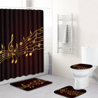 Bath Mat and Shower Curtain Set in the Bathroom HomeDecor Tolilet Carpet Set AntiSlip Waterproof Musical Note Print Foot Rug Set