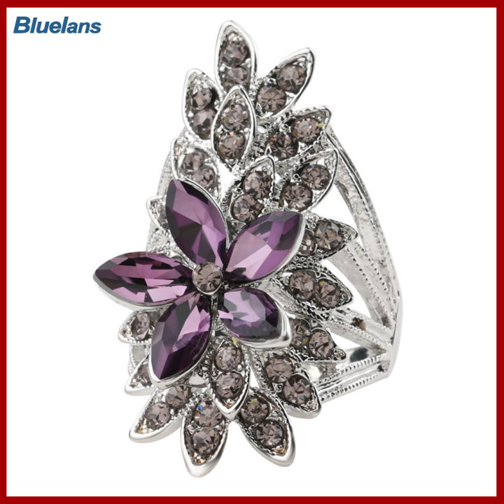 Bluelans®ดอกไม้กลวงพราวเพชรสังเคราะห์ของขวัญเครื่องประดับสตรีแหวนใส่นิ้วฝัง