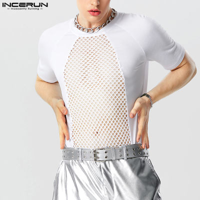 INCERUN เสื้อยืดสีพื้นเย็บปะติดเสื้อผ่านรูผู้ชายแขนสั้น (สไตล์ตะวันตก)