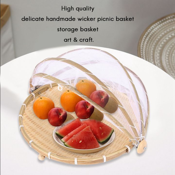 1pc-hand-woven-bug-proof-basket-dustproof-picnic-basket-handmade-fruit-vegetable-bread-cover-wicker-basket-with-gauze