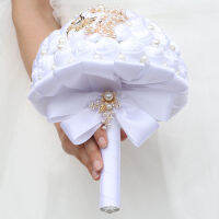 【cw】Luxury Pure White Wedding Bouquets For Bride And Bridesmaid Exquisite Rhinestone Ribbon Rose Handmade Wedding Props ！