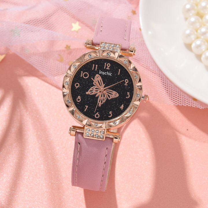 นาฬิกาข้อมือผู้หญิงนาฬิการูปแบบเรียบง่ายแฟชั่นผีเสื้อเข็มขัดดิจิตัลจุดดู