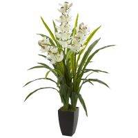 DUTRIEUX เกือบธรรมชาติ45 "พลาสติกและโพลีเอสเตอร์ Cymbidium กล้วยไม้พืชเทียม,สีขาว,เครื่องใช้ในบ้าน