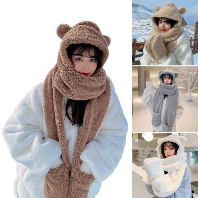 3 In 1 Hat Scarf Gloves Set Winter Warm Cute Bear Ears Plush Hoodie Cap Casual Solid Thicken Cotton Wool Women Hat LL 17