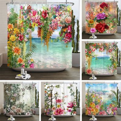 Retro Blooming Flowers Shower Curtains Bathroom Curtains Waterproof Polyester Bath Curtain with 12 Hooks Shower Curtain