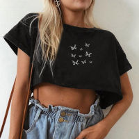 Women Tops Funny Butterfly Print High Waist Crop Short Sleeve Gothic Blouse t shirts for women Cotton And Spandex Tops