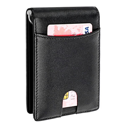 คลาสสิกสีดำคาร์บอนไฟเบอร์ดอลลาร์คลิปเงิน RFID ปิดกั้น ID เงินสดผู้ถือบัตรเครดิตผอมบางจริงหนังบุรุษกระเป๋าสตางค์กรณีบัตร