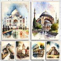 World ประวัติศาสตร์เว็บไซต์ Art โปสเตอร์ภาพวาดผ้าใบสีน้ำภาพพิมพ์ผนังห้องภาพตกแต่งบ้าน-Great Wall พีระมิดทัชมาฮาลซากปรักหักพัง Aesthetic
