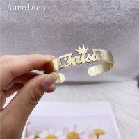 AurolaCo Customiz ชื่อสร้อยข้อมือมงกุฎส่วนบุคคล Custom Cuff Bangles ผู้หญิงผู้ชาย Rose Gold สแตนเลสเครื่องประดับ Gifts