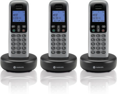 Motorola Voice T603 Cordless Phone System w/3 Digital Handsets, Speakerphone, and Call Block - Dark Grey Without Answering Machine 3 Handset