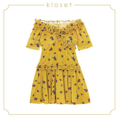 Kloset floral pleated dress with ruffle (AW19-D004)เสื้อผ้าผู้หญิง เสื้อผ้าแฟชั่น เดรสแฟชั่น เดรสผ้าพิมพ์
